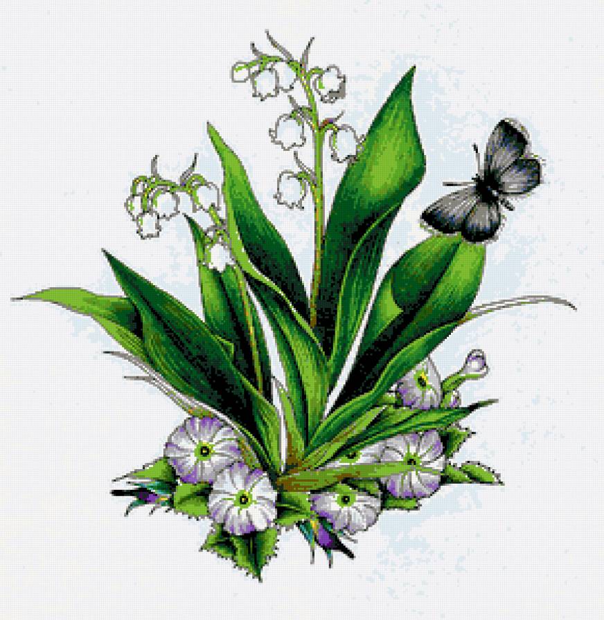 №353006 - цветы, скатерть, насекомые, салфетка, бабочка, подушка, ландыши - предпросмотр