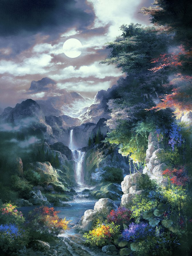 Ночной пейзаж с водопадом. - ночь, водопад, пейзаж - оригинал