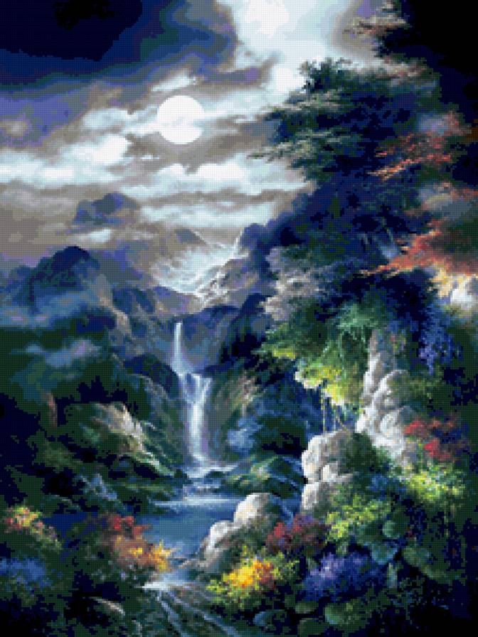 Ночной пейзаж с водопадом. - пейзаж, ночь, водопад - предпросмотр