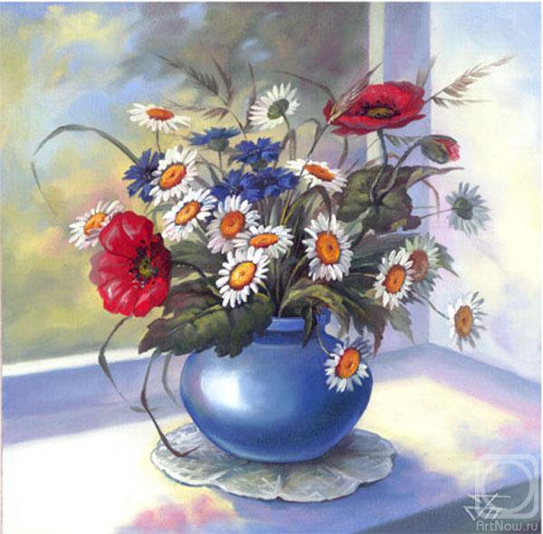 полевые цветы - картина натюриорт цветы ромашки маки ваза - оригинал