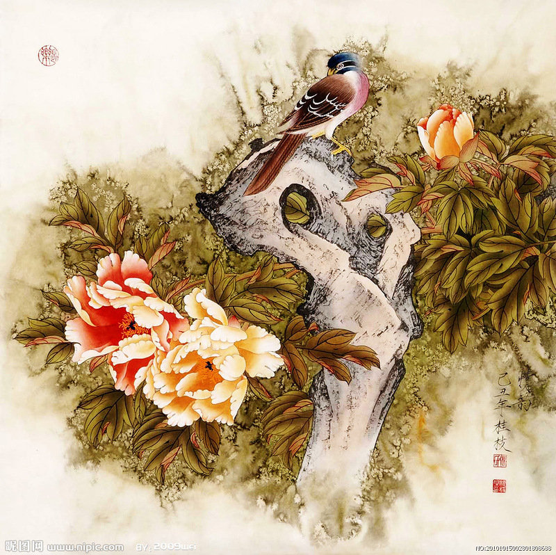 Китайские мотивы - цветы, китай, растения, птицы, восток, китайская живопись - оригинал