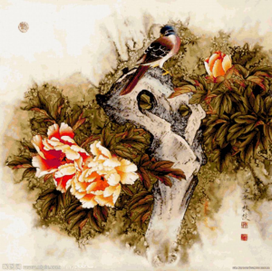Китайские мотивы - цветы, китайская живопись, китай, птицы, восток, растения - предпросмотр