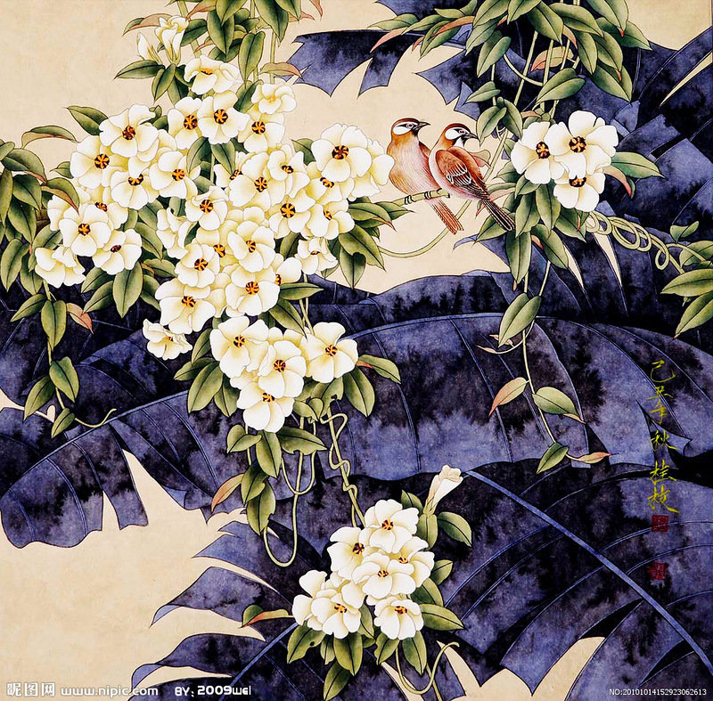 Китайские мотивы - растения, китай, восток, китайская живопись, птицы, цветы - оригинал
