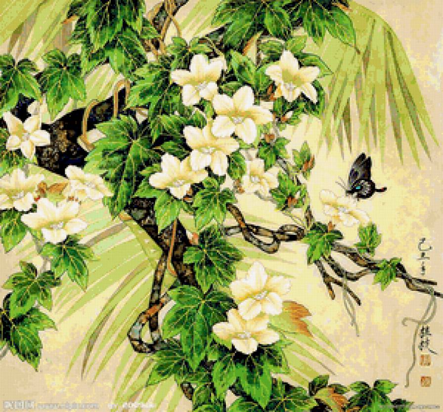 Китайские мотивы - восток, китай, цветы, китайская живопись, растения - предпросмотр