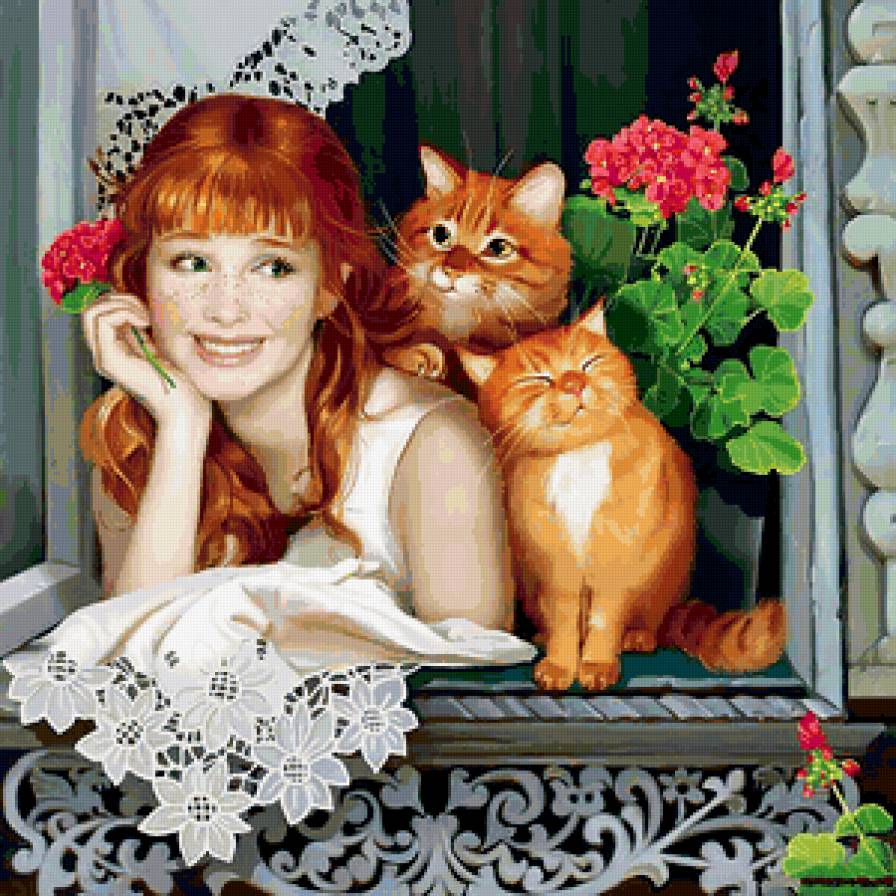 Иллюстрации Татьяны Дорониной 1 - кошка, девушка, картина, окно, цветы, лето - предпросмотр