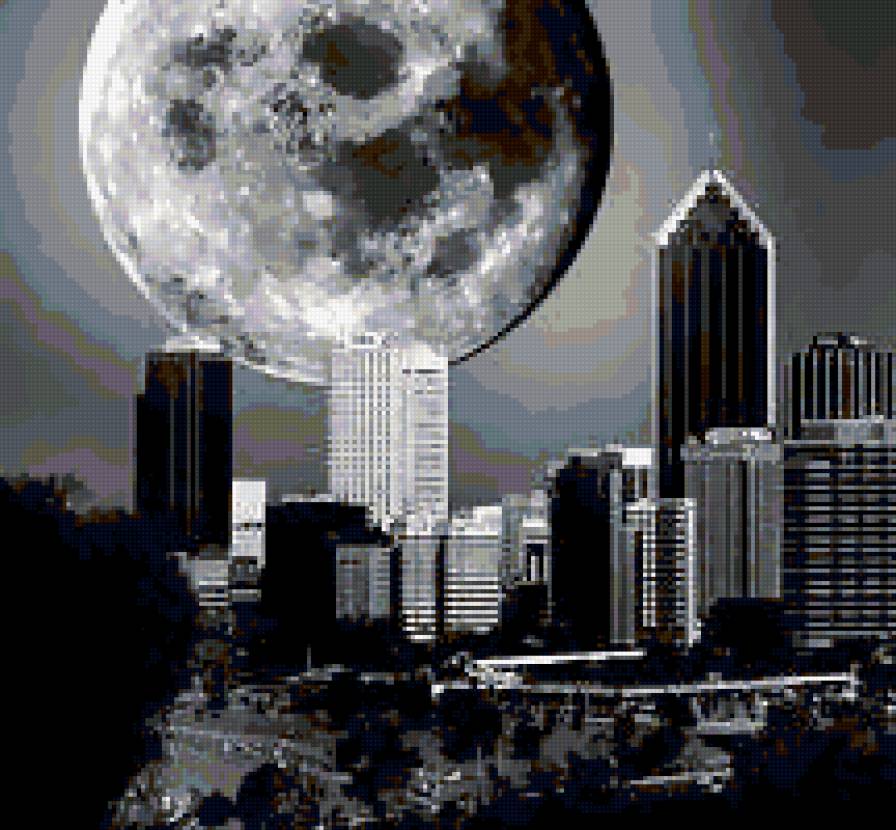 Ночной город - дома, мегаполис, черное, ночь, луна, город - предпросмотр