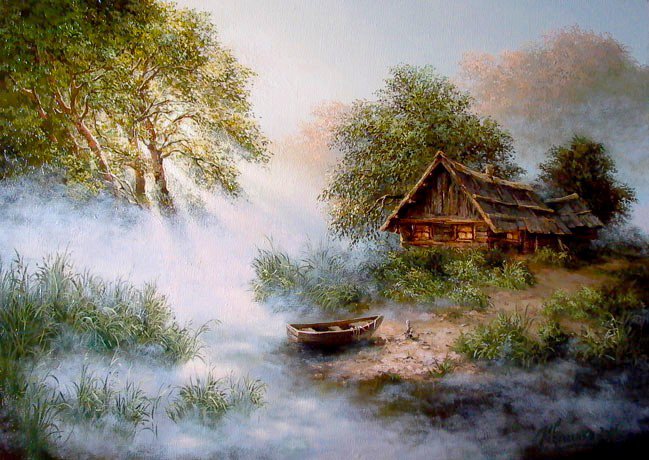 у реки - пейзаж, картина, иваненко, деревня - оригинал