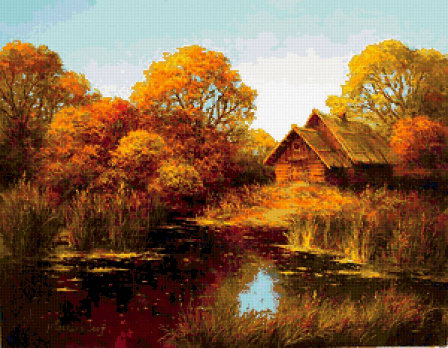 у реки - деревня, живопись, осень, пейзаж, иваненко, картина - предпросмотр