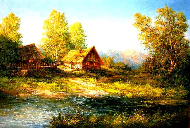 у реки - пейзаж, картина, деревня - оригинал