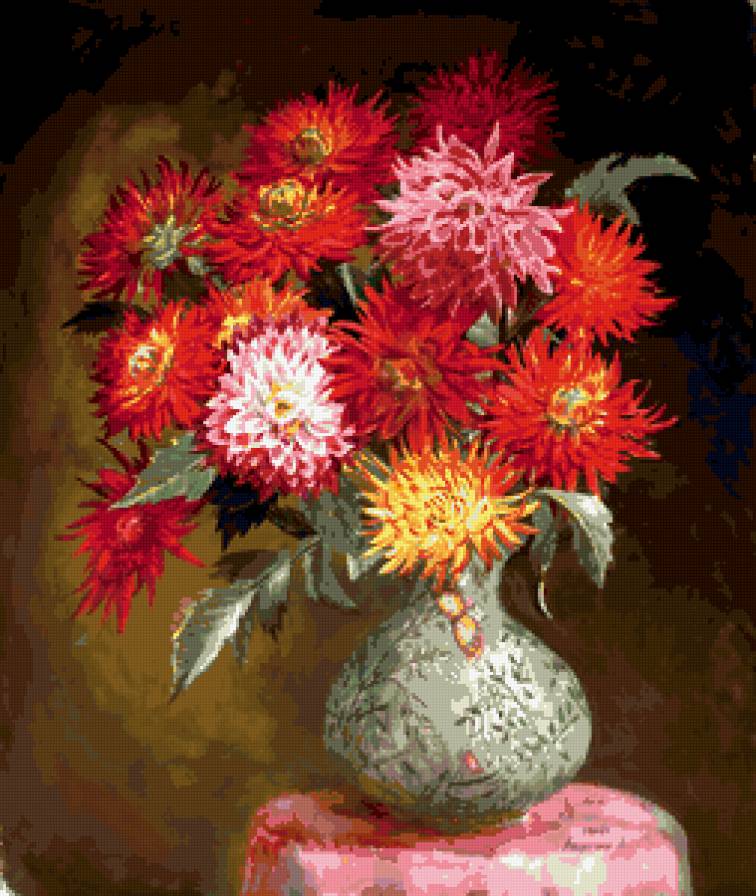 Пламенеющие георгины - георгины, натюрморт, букет, цветы - предпросмотр