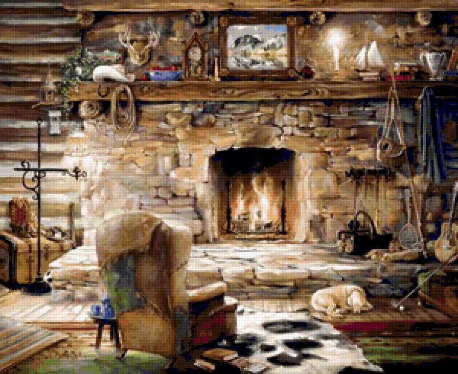 Уютный вечер - камин, картины марти белл, дом - предпросмотр