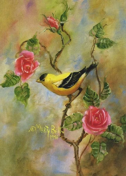 Птица с розами. - птицы, картины марти белл, цветы - оригинал