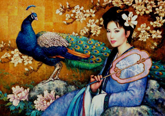 Китаянка с павлином - павлин, девушка, восток - оригинал