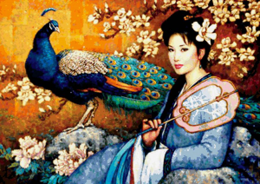 Китаянка с павлином - восток, девушка, павлин - предпросмотр