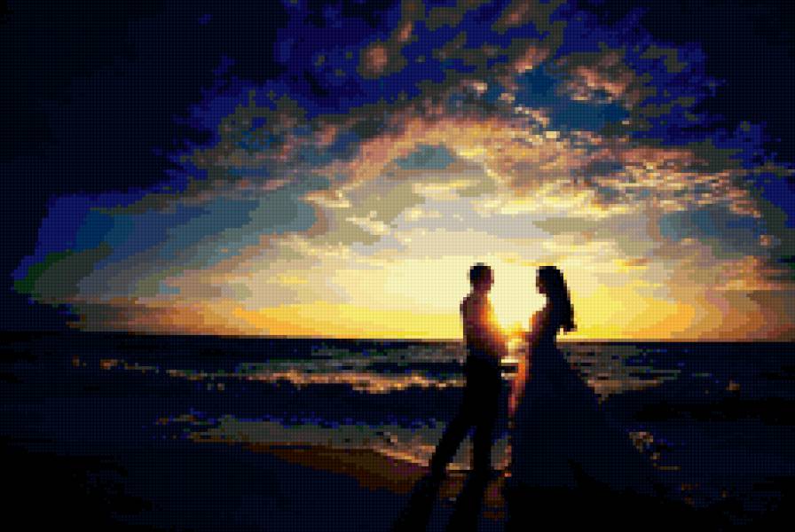 Пара на закате - силуэты, закат, пара, море - предпросмотр