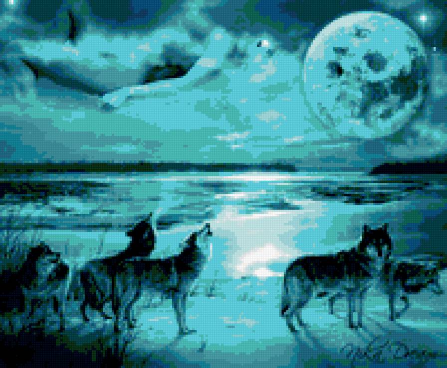 Волки и луна - луна, силуэт - предпросмотр
