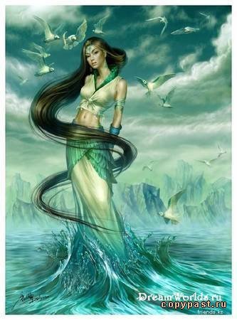 Маг воды - птицы, фентези, девушка, море, вода - оригинал