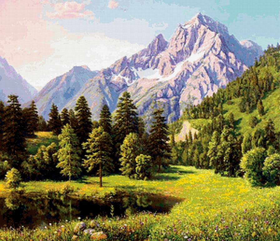 Горный пейзаж - пейзаж, природа, озеро, горы, елки - предпросмотр