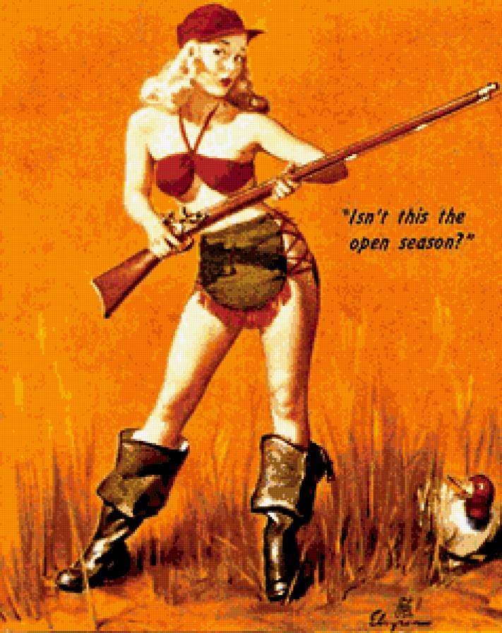 ретро девушка - ретро, девушка, ружье, она, винтаж, охота, охотница, утка, пин-ап, тело - предпросмотр