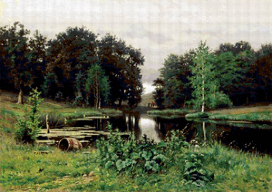 Пейзаж с прудом. Волков Ефим Ефимович (120 цветов) - пруд, пейзаж - предпросмотр