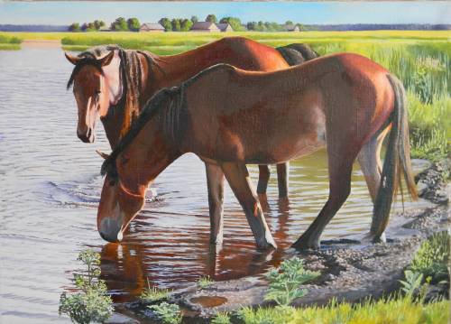Ю. Зосич  "У водопоя" - водопой, река, лошади - оригинал