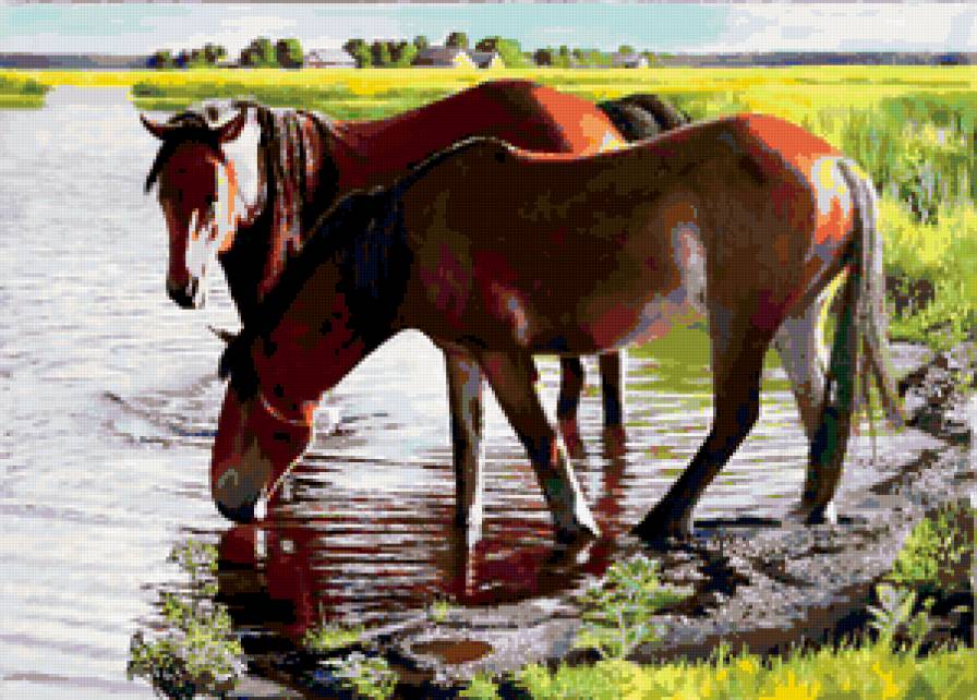Ю. Зосич  "У водопоя" - водопой, лошади, река - предпросмотр