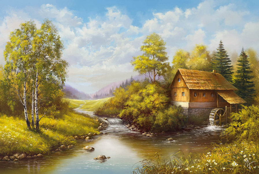 старая мельница - деревья, вода, пейзаж, река, лес, осень - оригинал