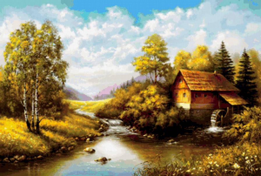 старая мельница - река, лес, вода, деревья, пейзаж, осень - предпросмотр