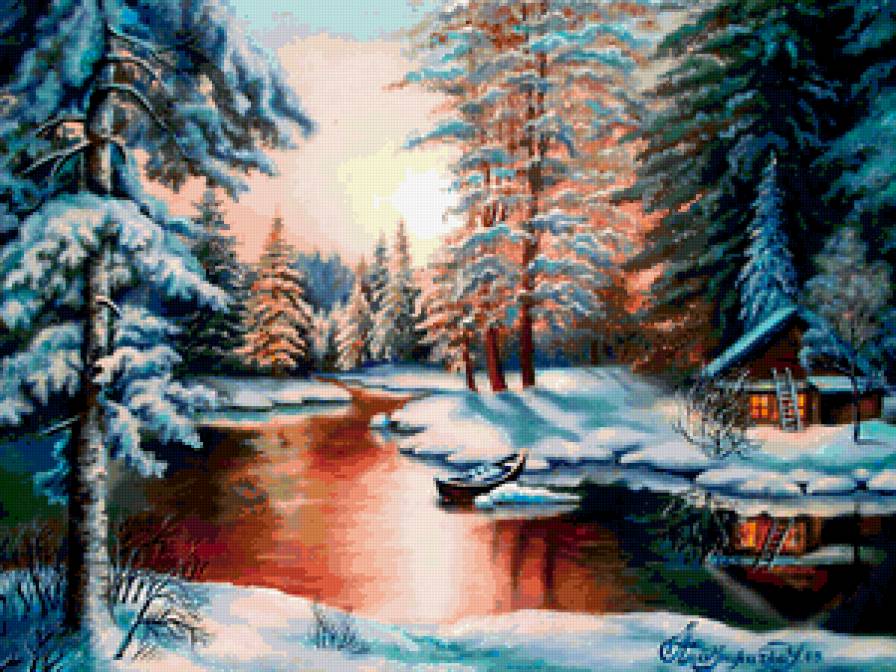 зимний пейзаж - деревья, лес, зима, река, снег, дом - предпросмотр