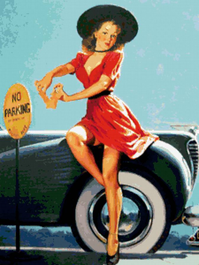 ретро девушка - паркинг, красота, винтаж, чулки, ретро, она, машина, девушка, пин-ап - предпросмотр