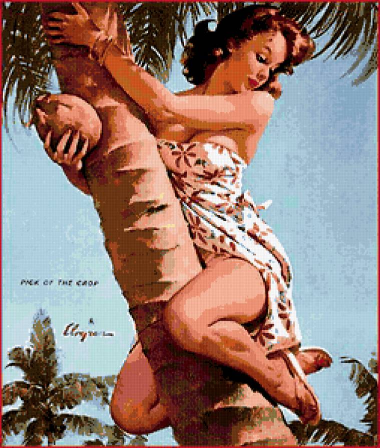 ретро девушка - ретро, она, красота, девушка, джунгли, винтаж, пальма, кокос, пин-ап - предпросмотр