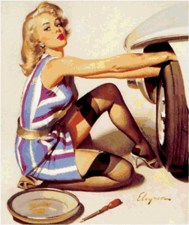 ретро девушка - колесо, чулки, авто, она, пин-ап, винтаж, ретро, девушка, красота, машина - предпросмотр