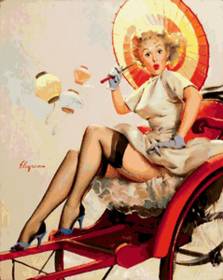 ретро девушка - ретро, пин-ап, девушка, ветер, фонарик, чулки, зонтик, карета, винтаж - предпросмотр