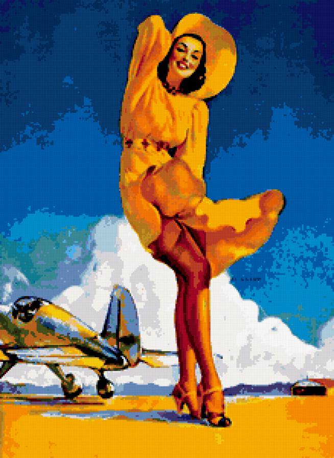 ретро девушка - красота, ветер, небо, девушка, ретро, пин-ап, облака, самолет, винтаж - предпросмотр