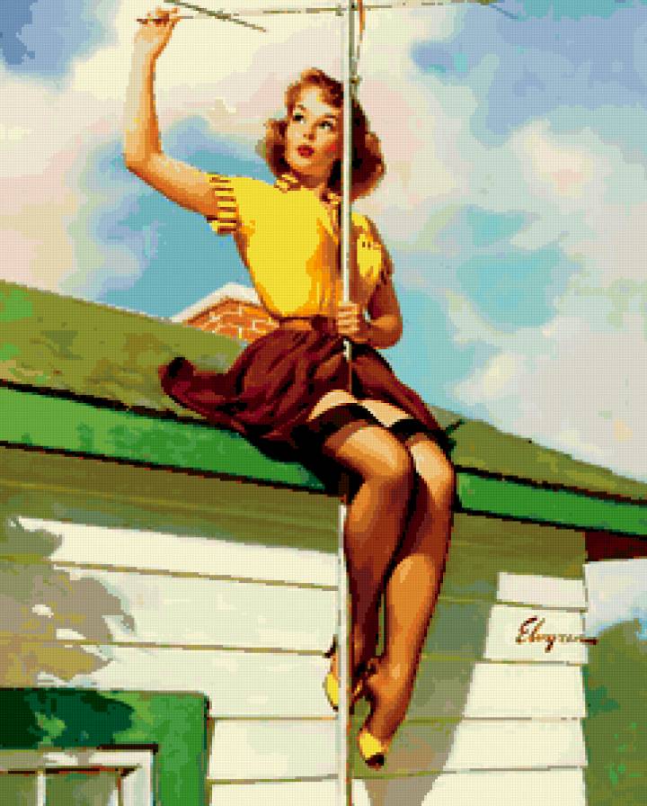 ретро девушка - чулки, девушка, она, винтаж, красота, антенна, пин-ап, крыша, дом, ретро - предпросмотр