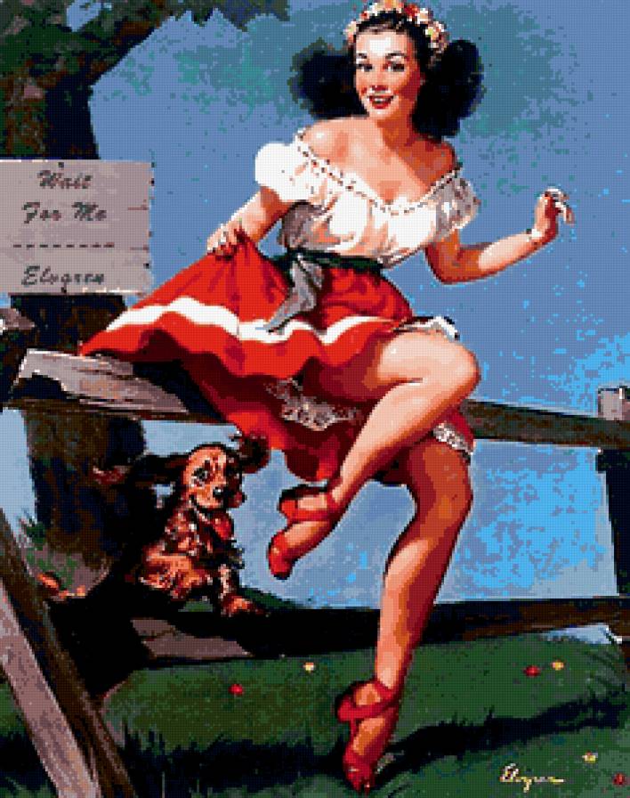 ретро девушка - пес, пин-ап, ретро, собака, забор, винтаж, девушка, венок, красота, она - предпросмотр