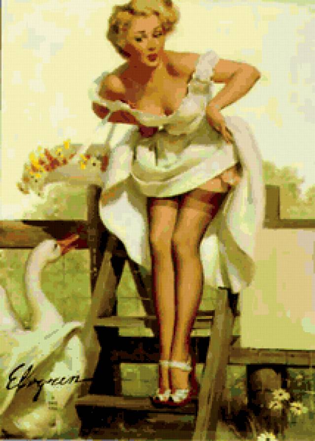 ретро девушка - девушка, лестница, чулки, цветы, она, пин-ап, гусь, страх, винтаж, ретро - предпросмотр