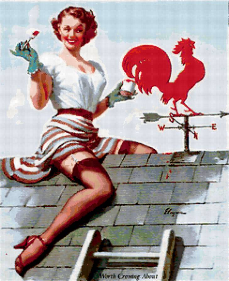 ретро девушка - пин-ап, краска, винтаж, ретро, она, крыша, флюгер, девушка, дом, петушок - предпросмотр