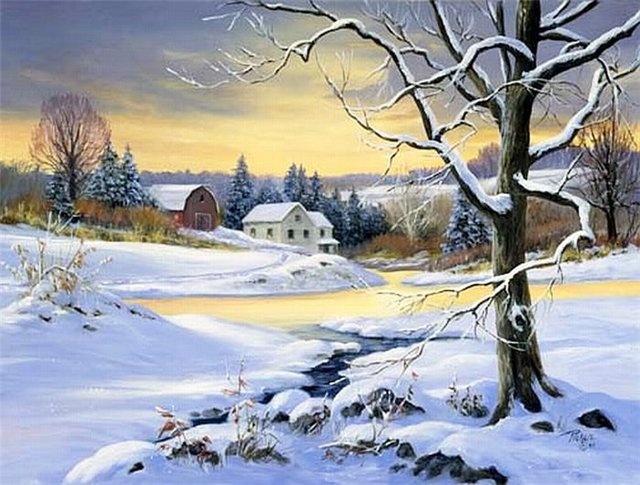 Linda Picken / Пейзаж - домик, деревня, зима - оригинал