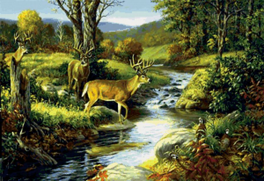 Linda Picken / В лесу - олени, лес, речка - предпросмотр