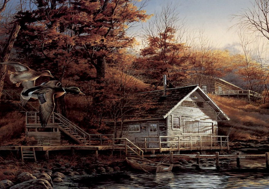 Живопись от Терри Эйвон Редлин - река, мостик, пристань, утки - оригинал