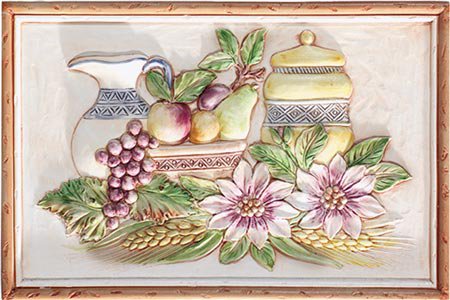 для кухни - цветы, груша, виноград, кувшин, яблоко, панно, натюрморт, для кухни - оригинал