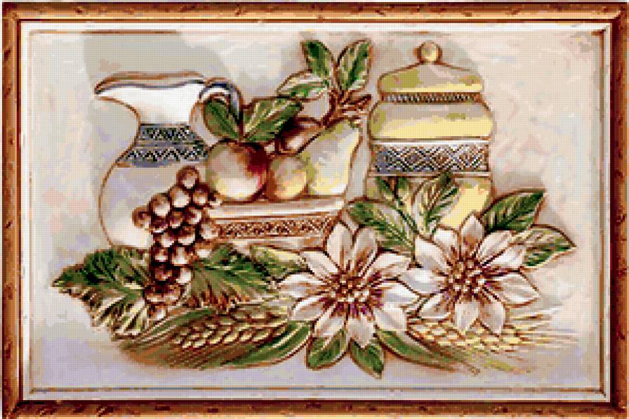 для кухни - для кухни, панно, груша, натюрморт, цветы, яблоко, кувшин, виноград - предпросмотр