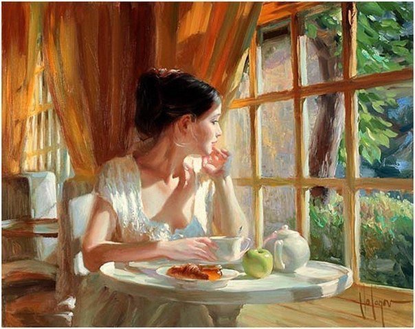 девушка у окна - она, у окна, чай, завтрак, девушка, яблоко - оригинал