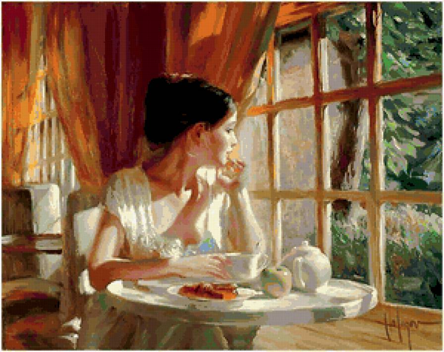 девушка у окна - девушка, она, чай, завтрак, у окна, яблоко - предпросмотр