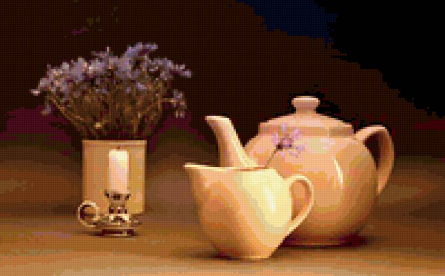 натюрморт на кухню - на кухню, свеча, букет, натюрморт, цвебы, чайник - предпросмотр