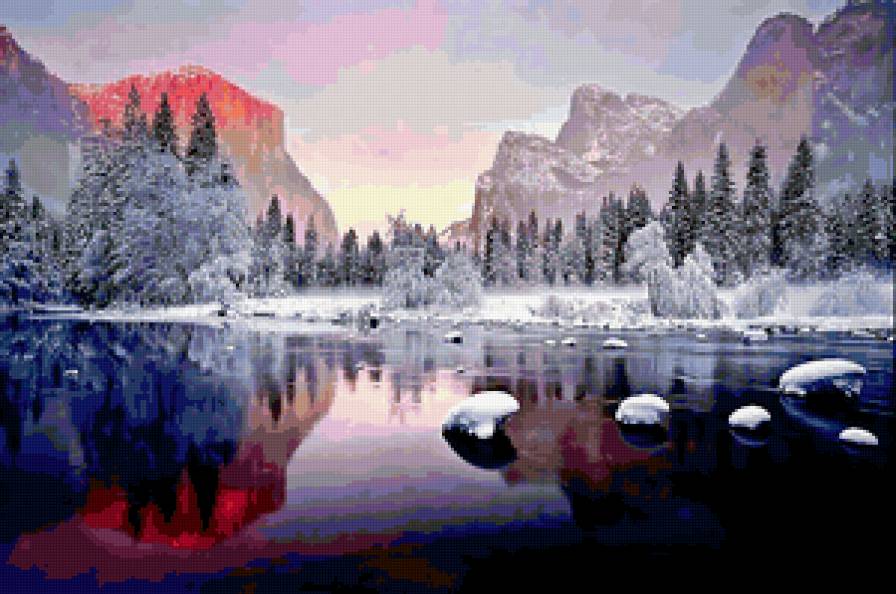 Йосемитский заповедник. - заповедник горы река зима закат лес - предпросмотр