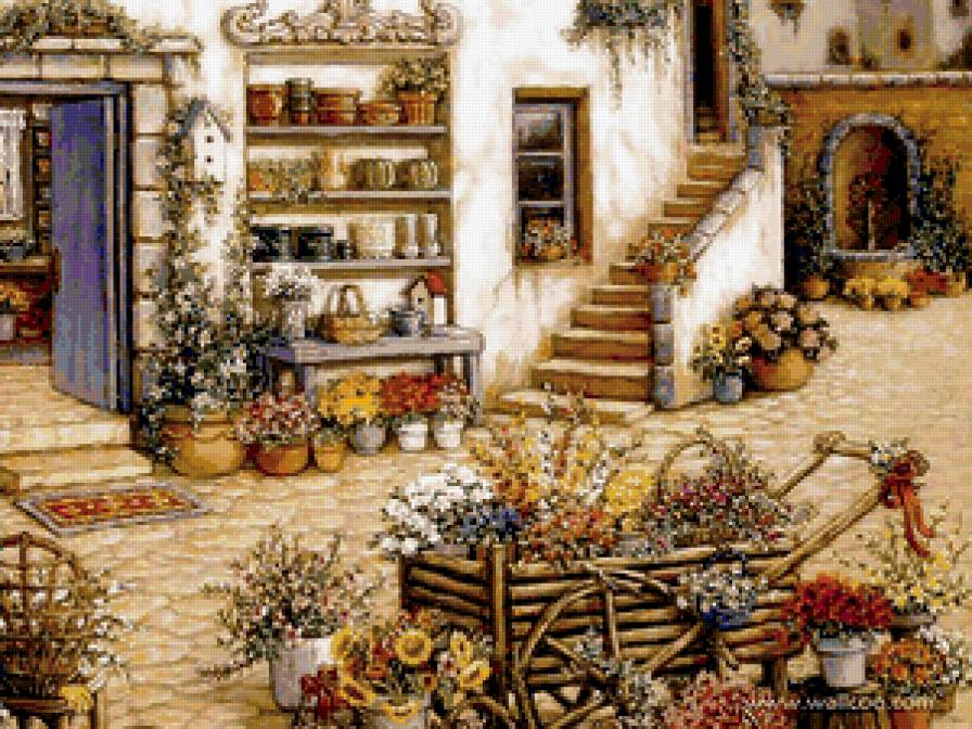 дом - букет, картина, лестница, цветы, дверь, горшки, фонтан, дом, уют, телега - предпросмотр