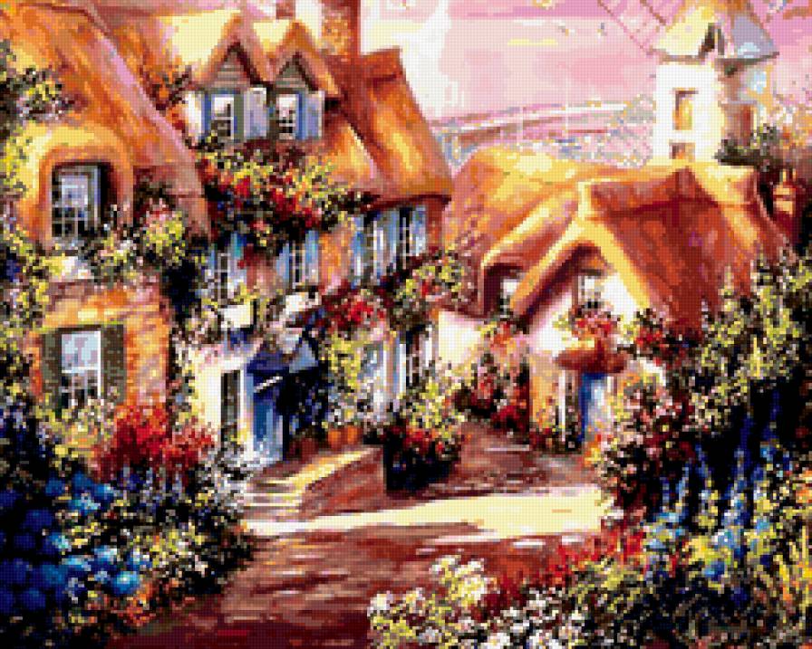 мельница - цветы, вид, балкон, дорога, красота, мельница, дом, картина, домики - предпросмотр