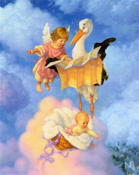 сказка - ангел, новорожденный, ребенок, карта, аист, мир чудес, небо, младенец - оригинал